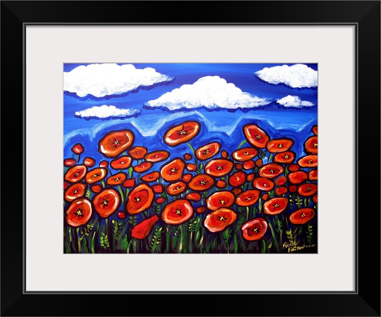 Field of colorful, red Poppies contrast against a deep blue sky.