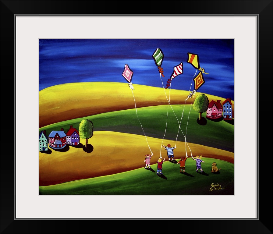 Colorful, whimsical folk art with children flying kites against a deep blue sky.