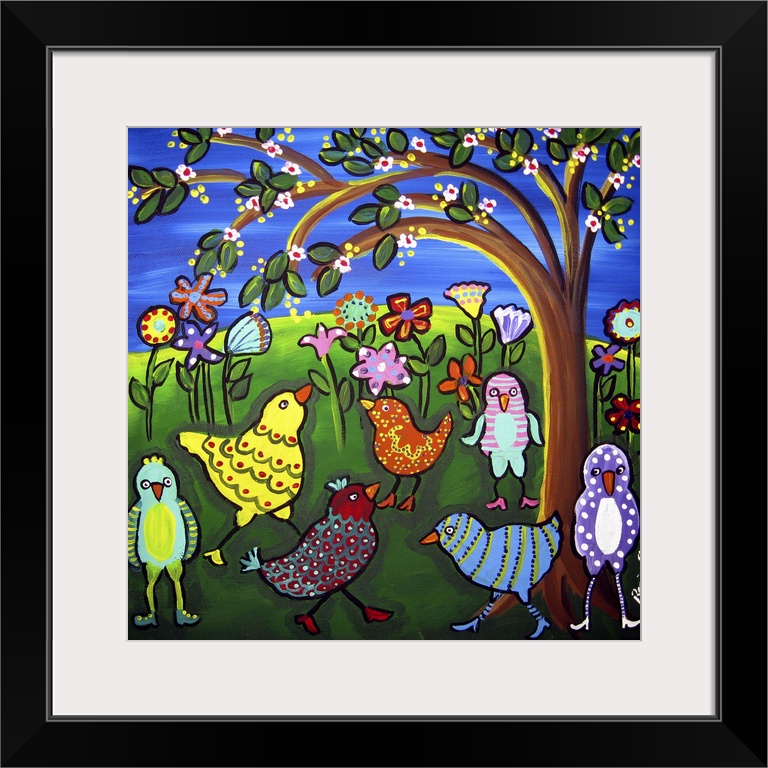 These funky birds are decked out in their high heeled shoes and whimsical patterns, under spring blossoms and flowers.