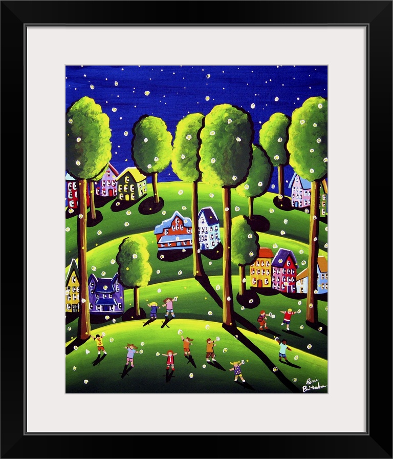 Whimsical scene with children catching fireflies in front of the neighborhood houses.