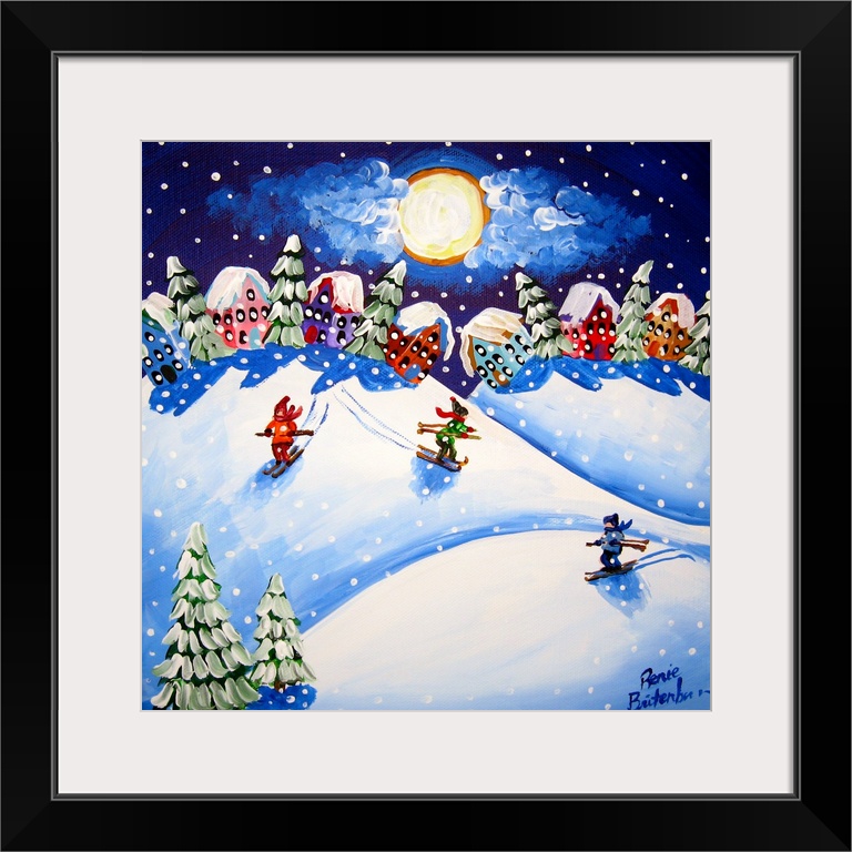 Winter folk art with 3 skiers racing down the hills on the newly fallen snow.