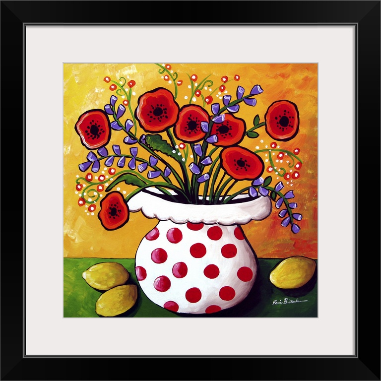 Fun, colorful floral with red Poppies and lemons.