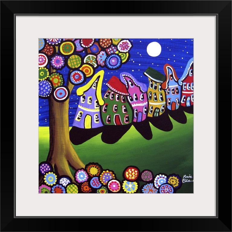 Fun, slanting houses lean to and fro underneath a colorful tree and full moon.