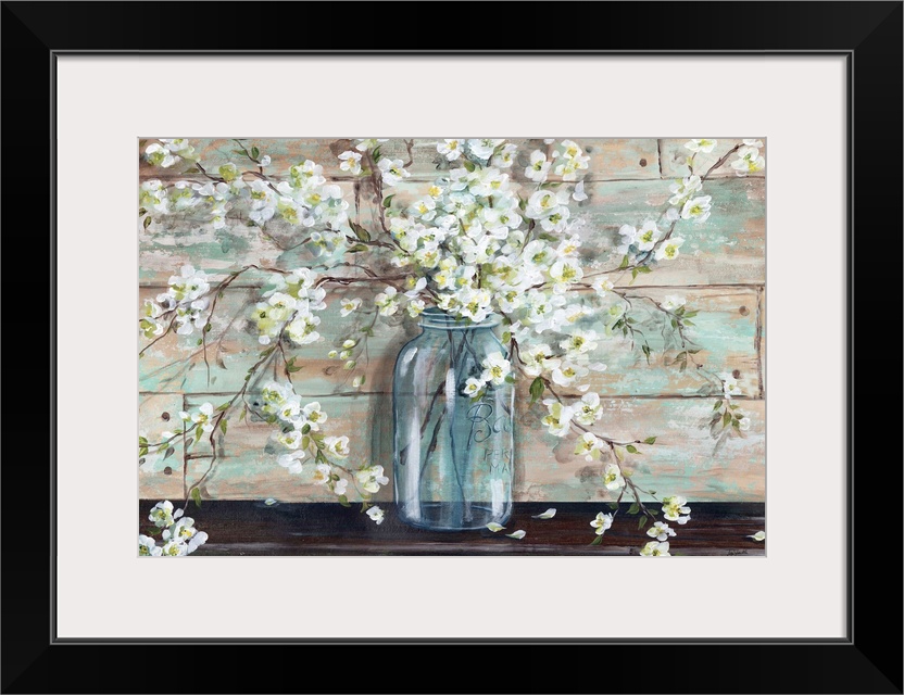A decorative painting of a glass mason jar full of white blossoms in subdue tones.