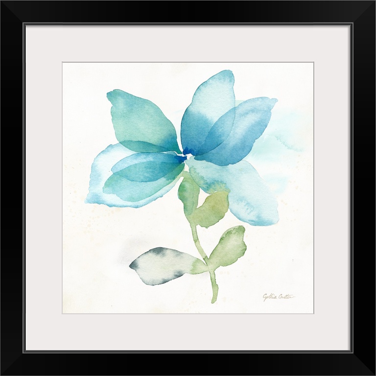 Square decorative watercolor image of a large blue poppy on a white background.