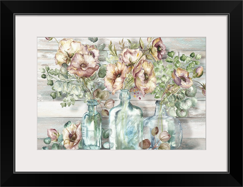 A decorative watercolor painting of a glass mason jar full of poppy and eucalyptus in subdue tones.