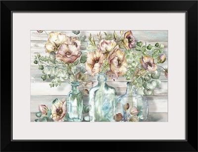 Blush Poppies and Eucalyptus in bottles landscape