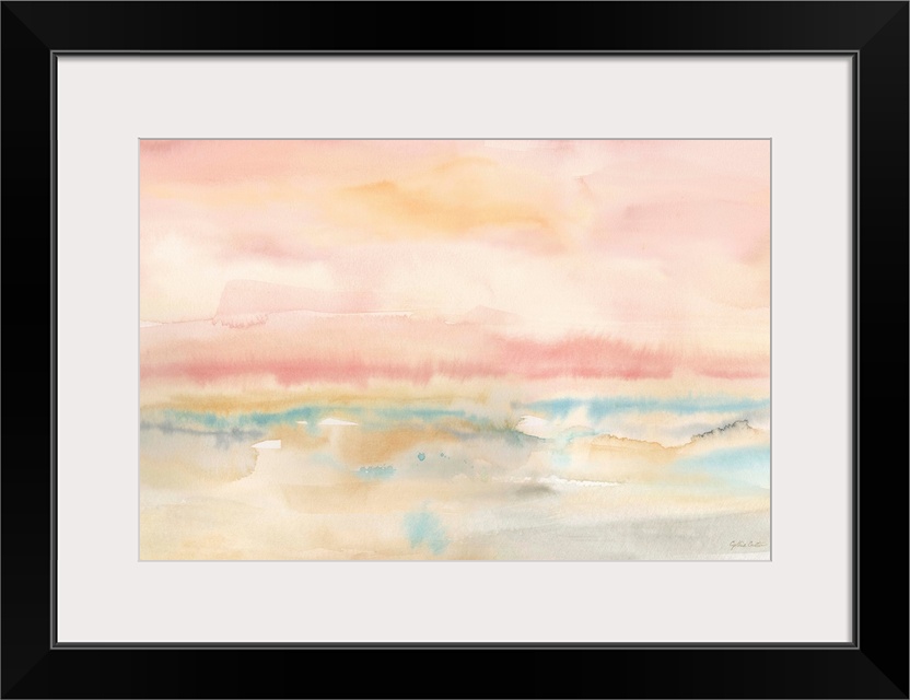 Square abstract watercolor painting in blurred brush strokes of muted tones of pink, blue and green.