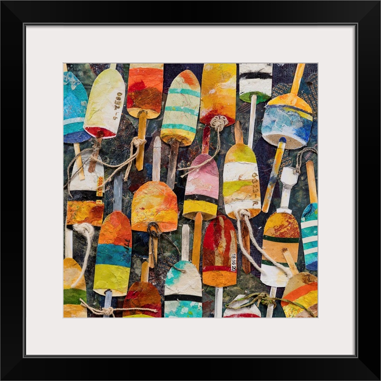 A mixed media painting of water buoys in bright, multiple colors with rope on a dark backdrop.