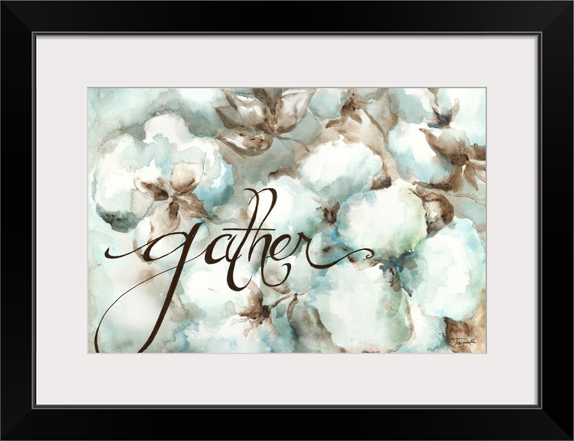 "Gather" in black over a watercolor painting of cotton balls in shades of blue and white.