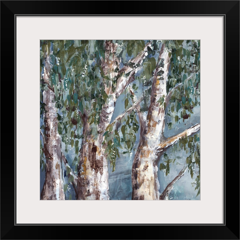 A square contemporary painting of a group of eucalyptus trees in textured muted tones.