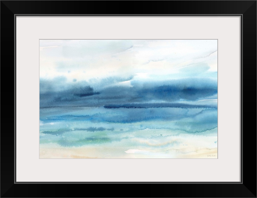 A watercolor painting of an abstract seascape in muted tones of blue.