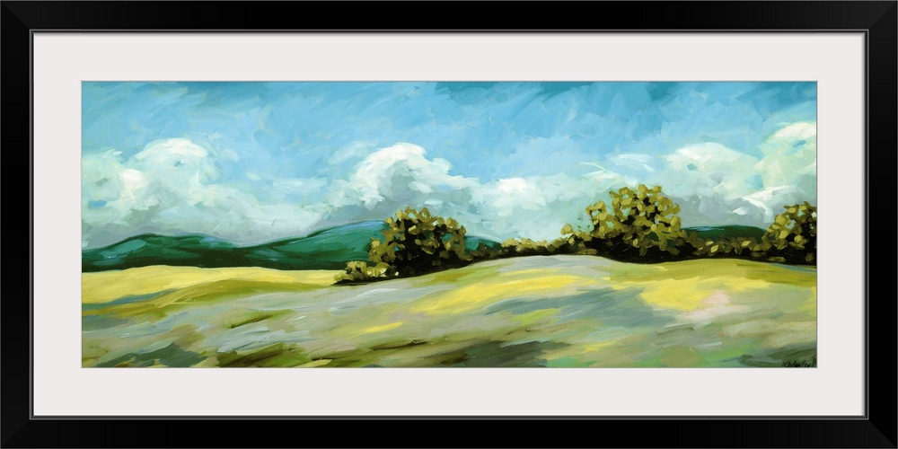 A contemporary painting of a landscape of rolling hills with trees and mountains in the background.