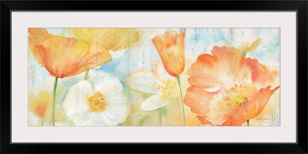 A bright watercolor painting of white, orange and yellow poppies against a faded blue and green backdrop.