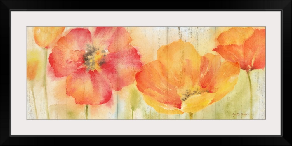 A bright watercolor painting of red, orange and yellow poppies against a faded orange and green backdrop.