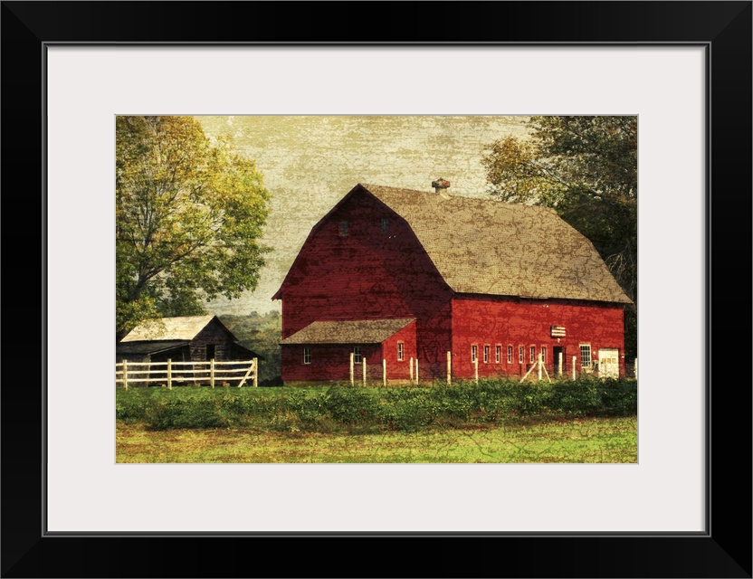 Image of a large red barn framed by trees with a vintage, distressed overlay.