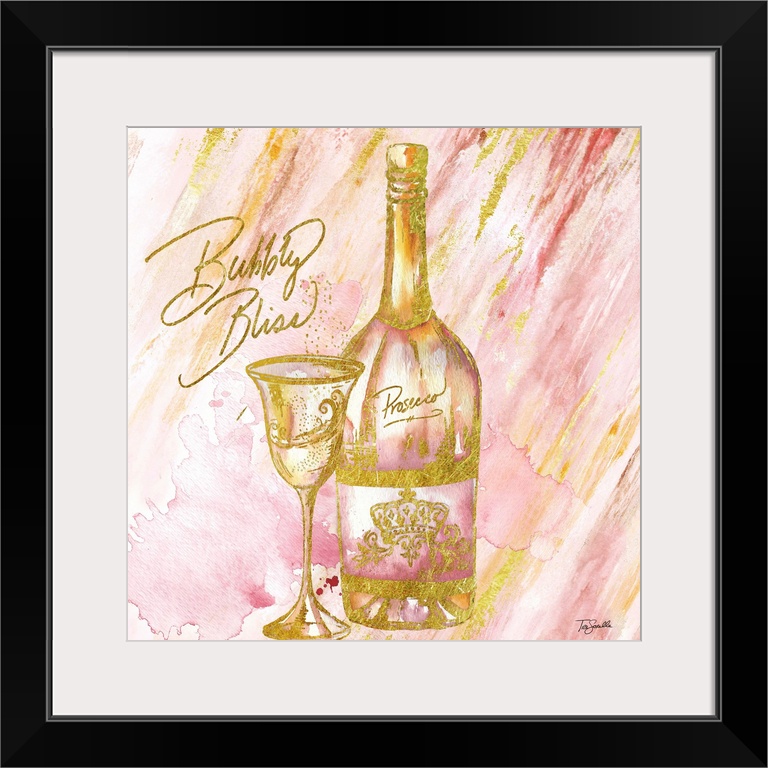 Decorative artwork of a champagne bottle and glass against pink and gold streaks and the text "Bubbly Bliss" in gold.