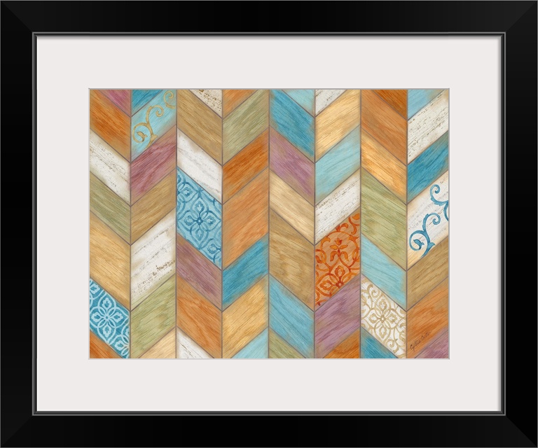 Artwork of multi-colored wood shapes making a chevron design featuring a floral pattern throughout.