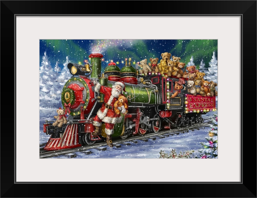 Decorative image of a green and red Santa Express train full of Teddy Bears with Santa riding in the front as the train go...