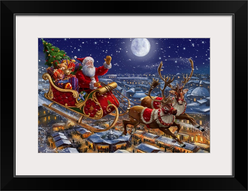 A traditional image of Santa riding his sleigh of reindeer over a town lit up with lights.