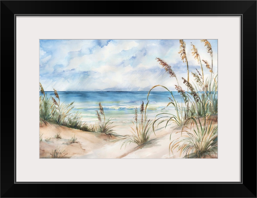 A contemporary watercolor painting of grass cover sand dunes on a beach with a blue sky above.