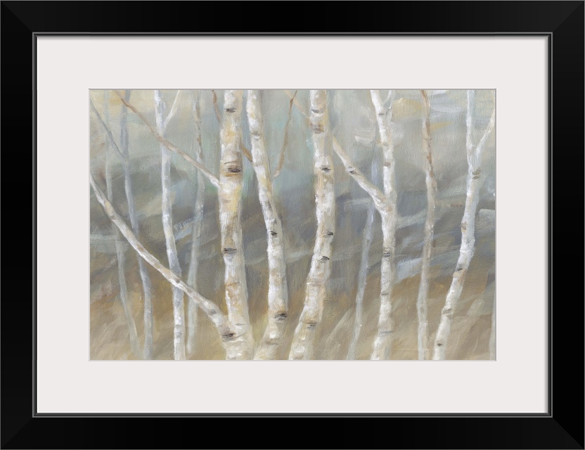 Contemporary painting of a forest of birch trees with a gray and brown backdrop.