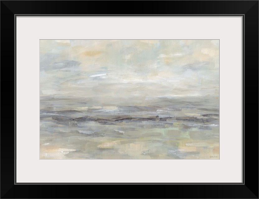 A contemporary landscape painting in abstract horizontal brush strokes in muted tones.