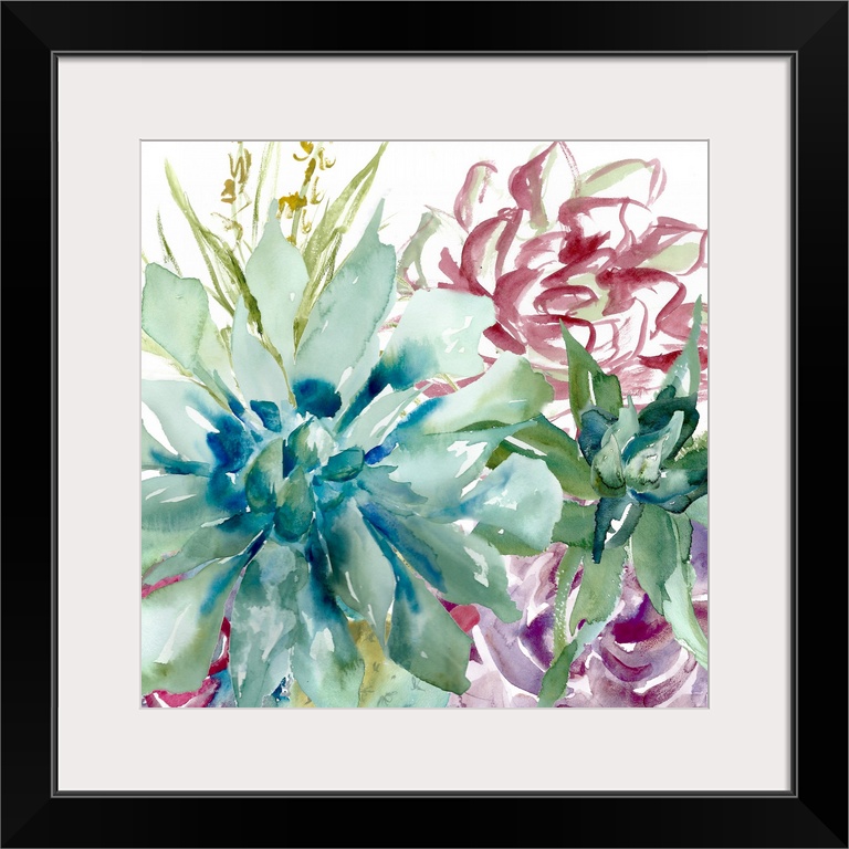 A square decorative watercolor painting of a group of succulents in a garden.