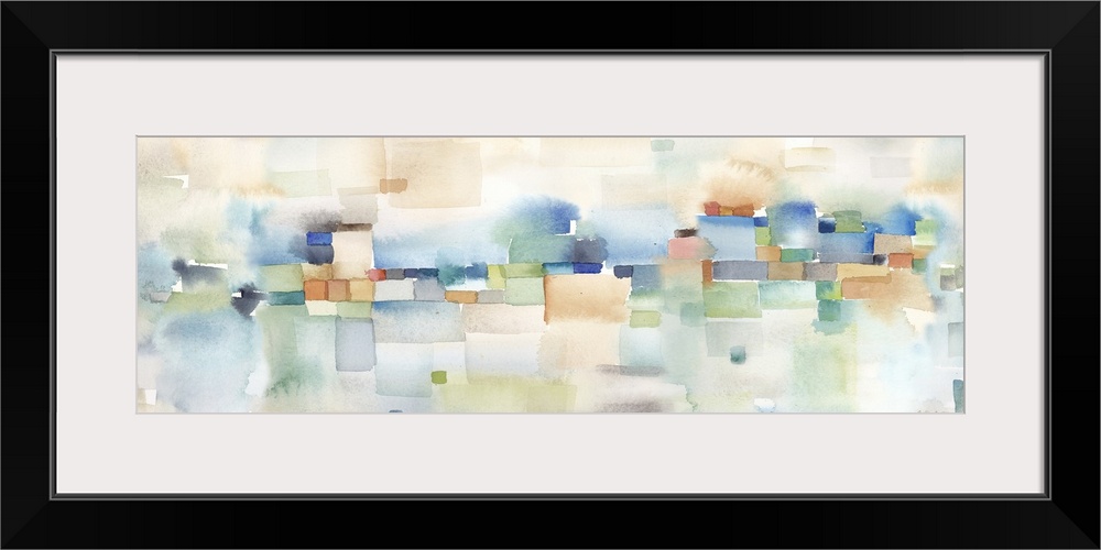 Horizontal abstract watercolor painting in blurred square shapes in muted tones of brown, blue and green.