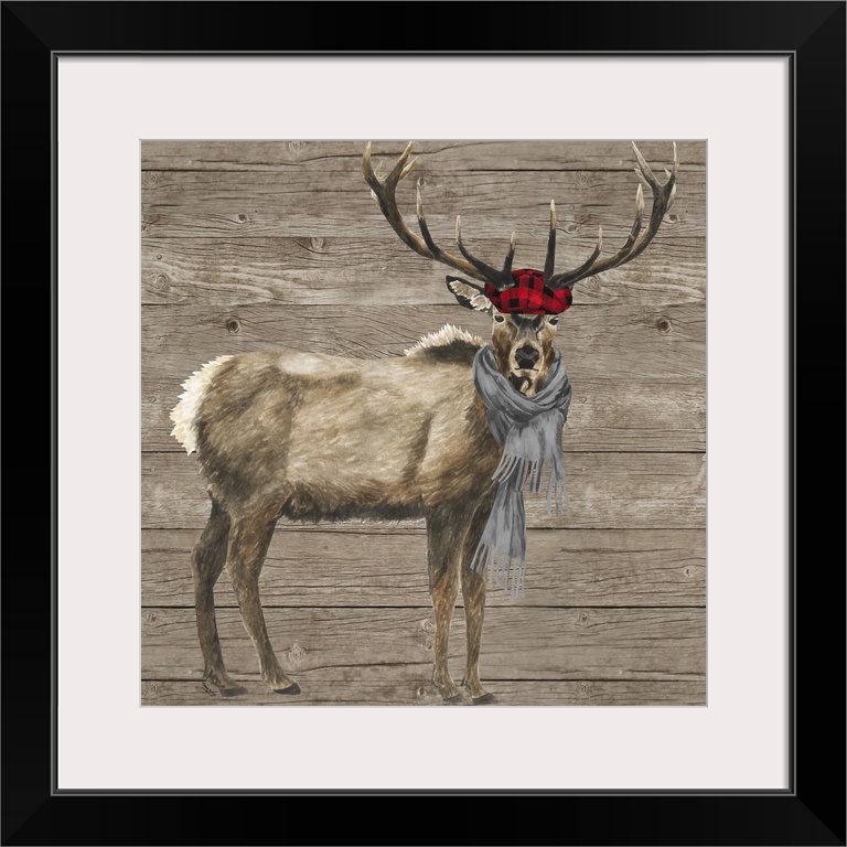 Decorative image of a buck wearing a plaid cap and gray scarf against a wood panel backdrop.