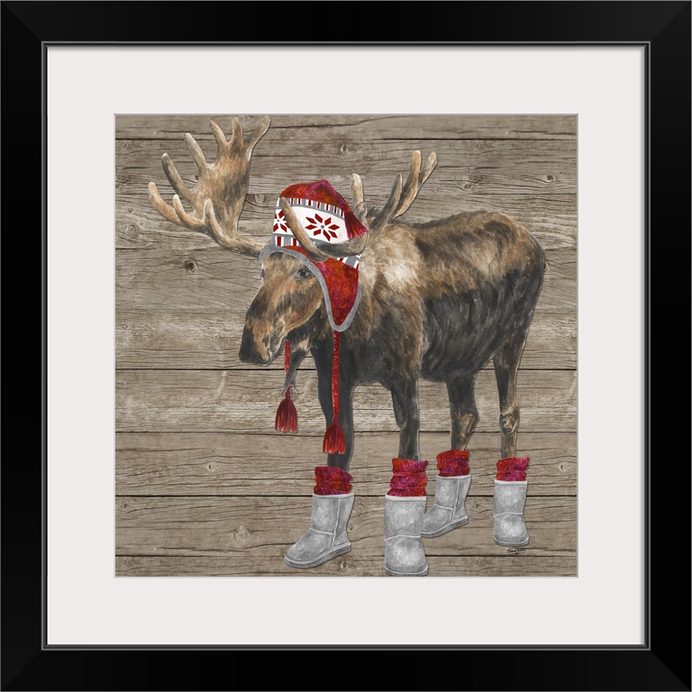 Decorative image of a buck wearing a red cap and boots with red socks against a wood panel backdrop.