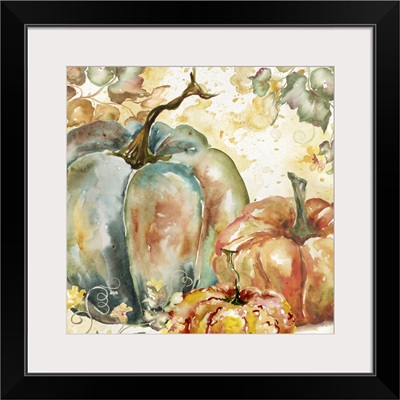 Watercolor Harvest Teal and Orange Pumpkins I