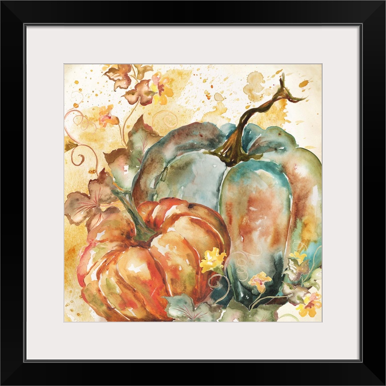 A watercolor painting of a group of pumpkins with autumn leaves in warm shades.
