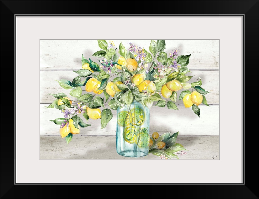 A rustic, country style image of a branch laden with lemons and lemon blossoms, in front of a white shiplap background. Th...