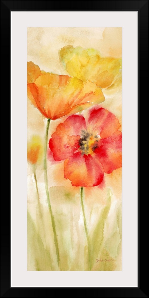 A bright watercolor painting of red, orange and yellow poppies against a faded orange and green backdrop.