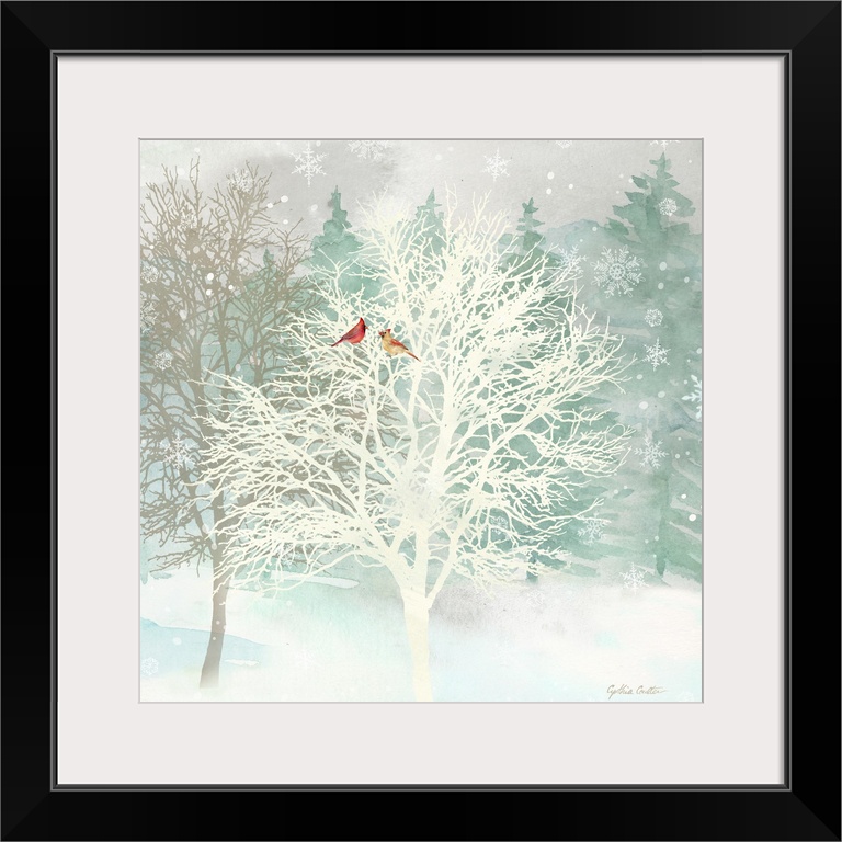 A group of bare trees with red birds as snowflakes fall.