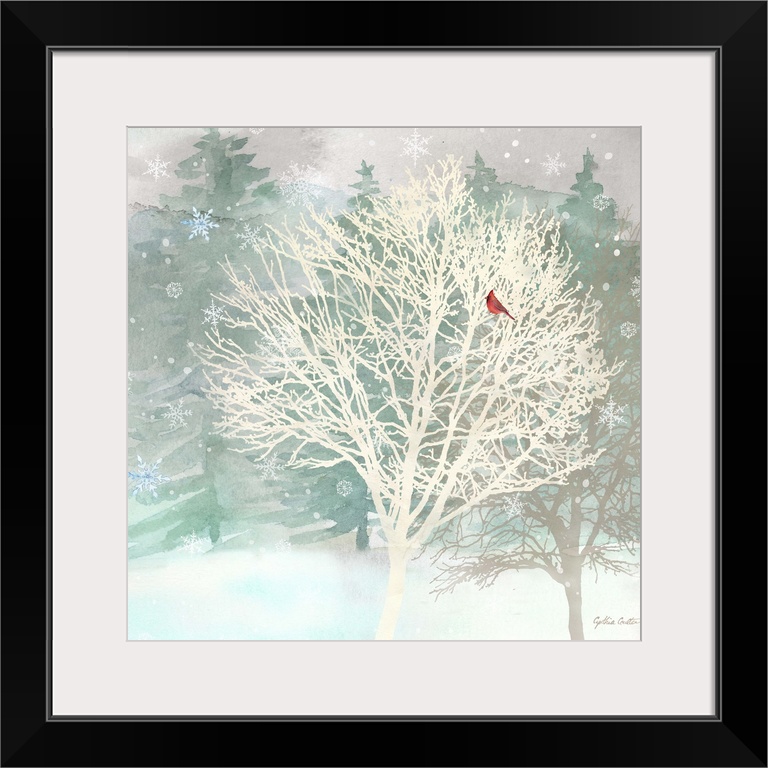 A group of bare trees with a red bird as snowflakes fall.