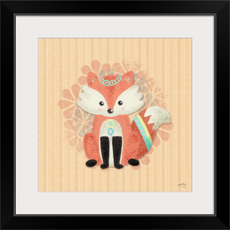 A darling illustration of a fox wearing decorative markings on it's head and tail with a floral pattern on a striped orang...