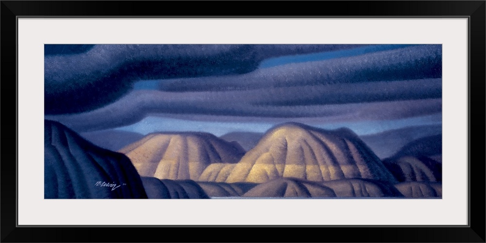 Modernist landscape oil painting of a mountain range with a breaking storm.