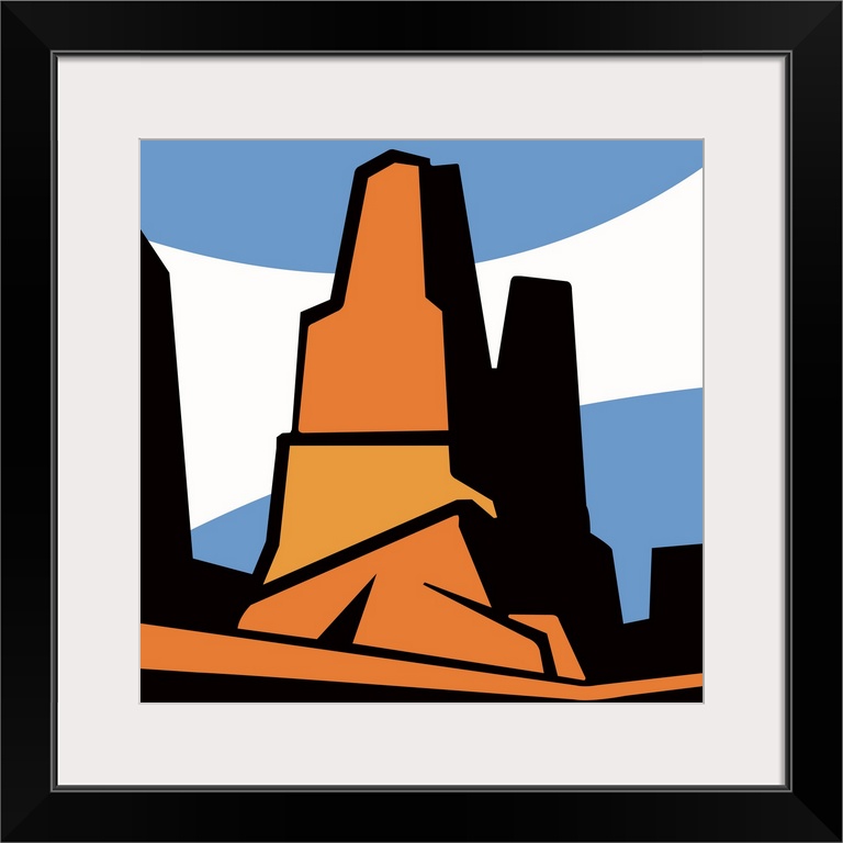 Modernist depiction of a red rock formation based upon a scene located in the four corners area of Utah, Arizona, Colorado...