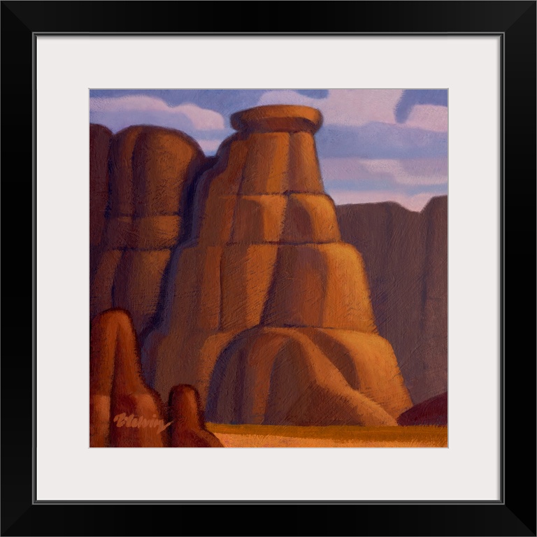 Landscape painting of red rock canyon and cliffs.