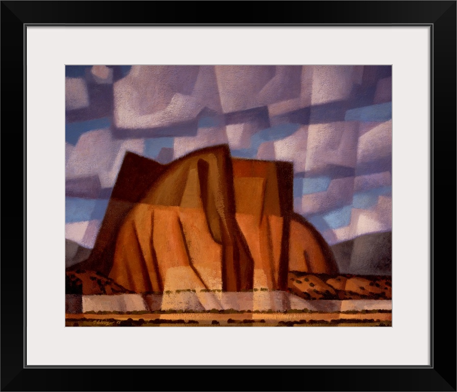 Contemporary painting of Citadel Butte, an American Southwest desert scene in a cubist style with large billowing pink and...