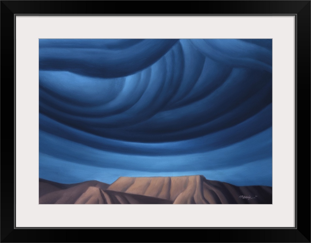 Skyscape painting of a mesa with swirling cobalt sky.