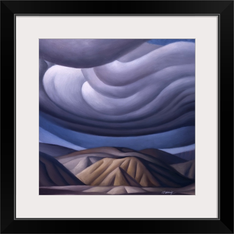 Landscape painting of mountains and swirling clouds.