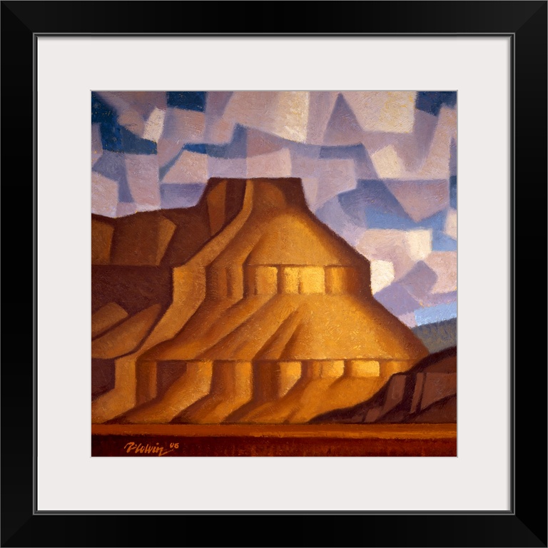 Contemporary painting of Pinnacle Bench Mesa, an American Southwest desert scene in a cubist style with large billowing pi...