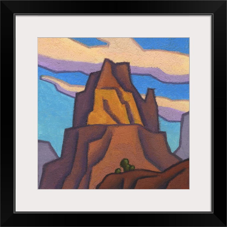 Modernist painting of a mountainous rock formation based upon a butte located in Utah's San Rafael Swell.