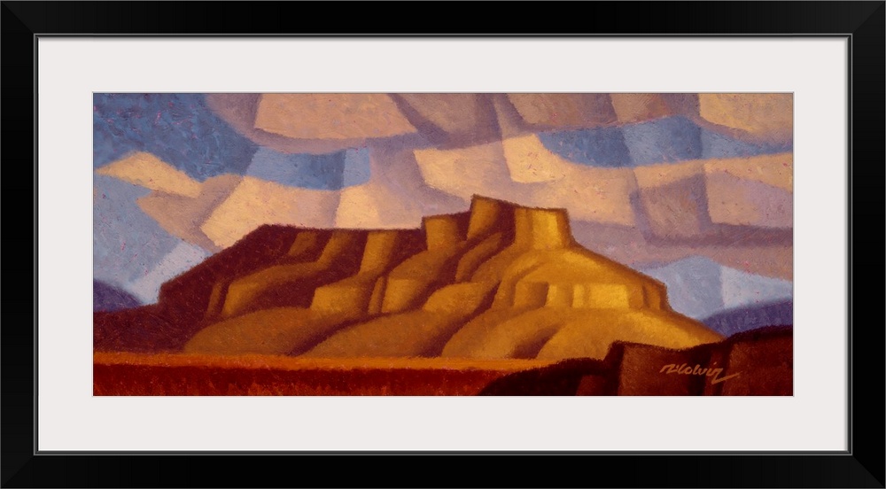 Painting of Undo Butte, an American Southwest desert scene in a cubist style with large billowing pink clouds.