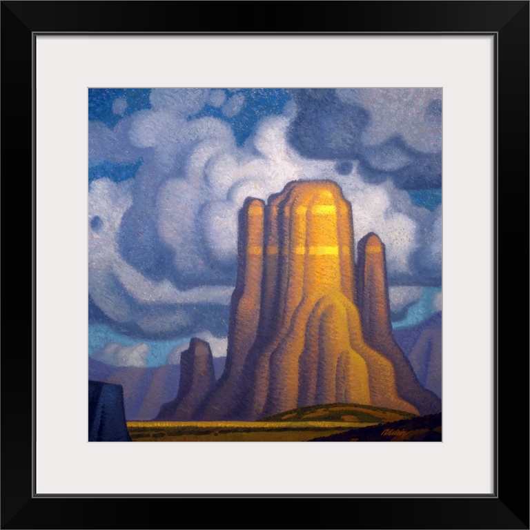 Landscape painting of red rock with looming clouds.