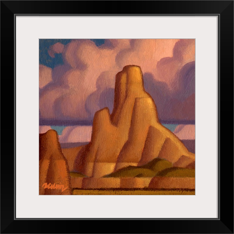 Square landscape painting of large canyons with pink fluffy clouds above.