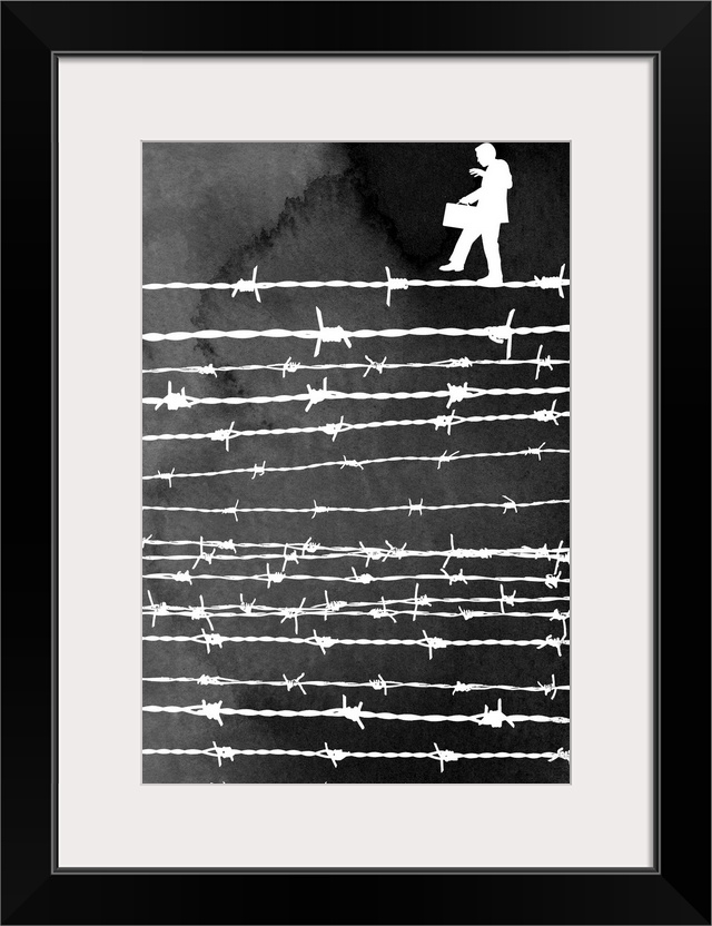 A figure of a man walks across a string of barb wire in this modern artwork.